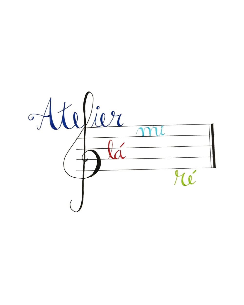 Logótipo do Atelier Lá Mi Ré: «Atelier» escrito à mão, com as notas lá, mi e ré numa pauta e uma clave de sol